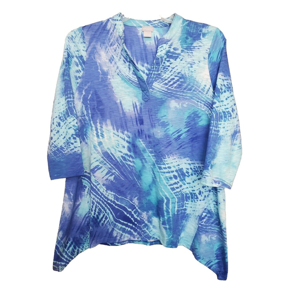 Chico's Slub Knit Blue Abstract Split Neck Hanky Hem Tunic Size 1 Medium